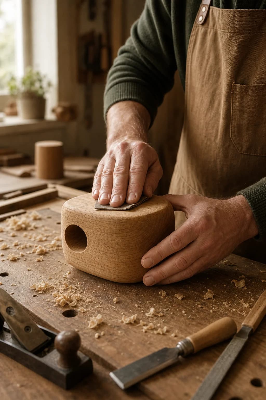 Artisan hands shaping wood in the workshop