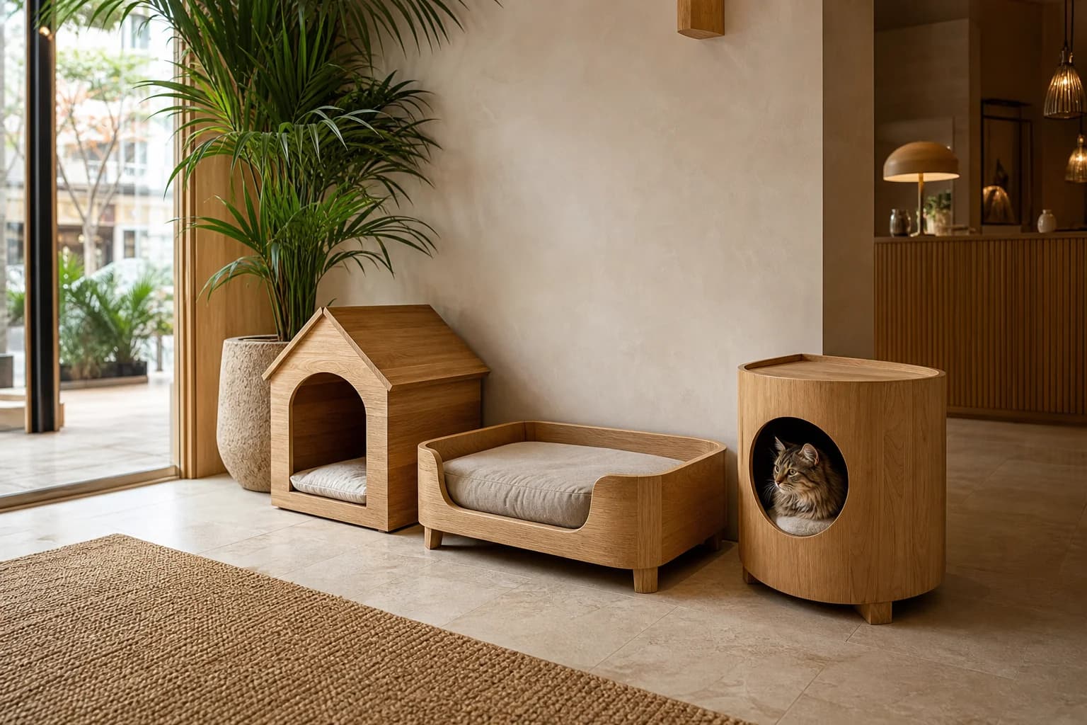 Handcrafted wooden pet furniture in a boutique hotel lobby