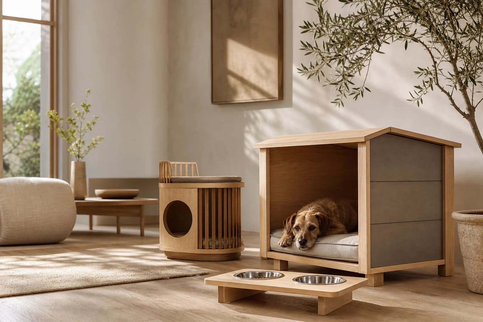 Handcrafted wooden dog house and pet furniture in a bright Scandinavian living room